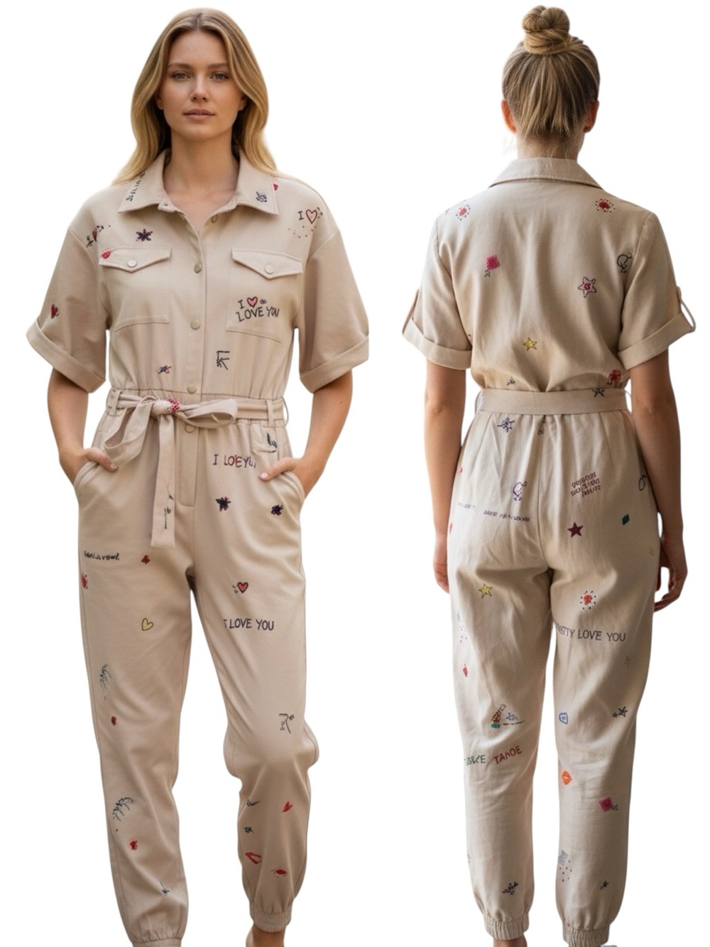L'ATISTE Cream Jumpsuit with Colorful Prints